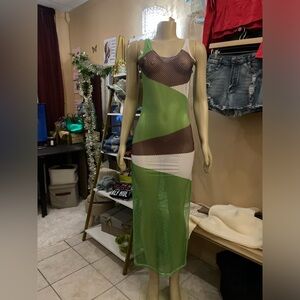 Green and Brown Mesh Maxi Dress
